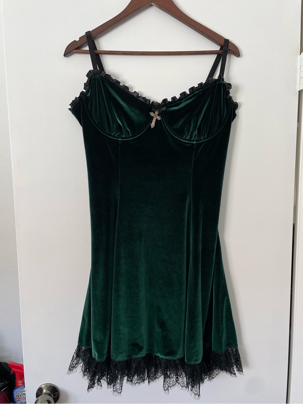 Dolls Kill Widow Blind Faith Dress XL Green Velvet Lace Cross Goth Mini Gothic